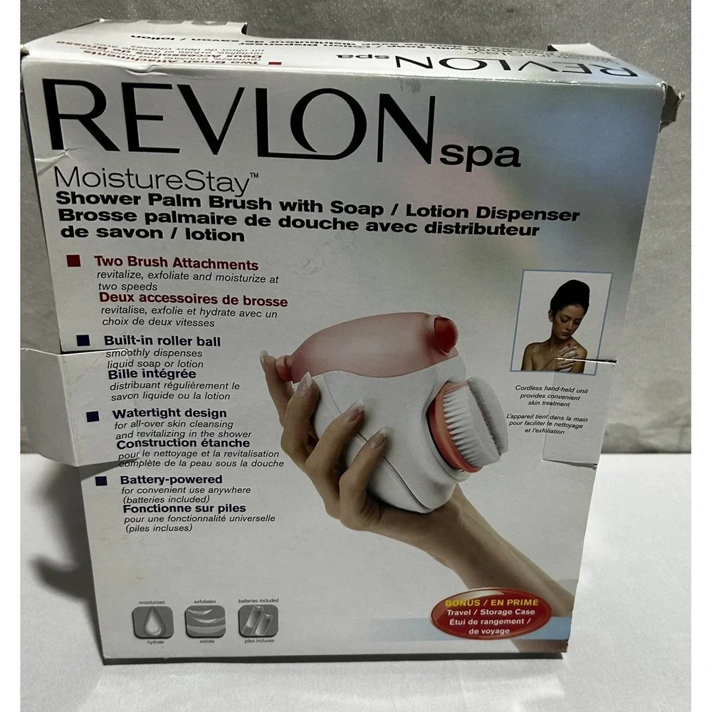 REVLON SPA MoistureStay Shower Palm Brush with Soap &‎ Lotion Dispenser Battery